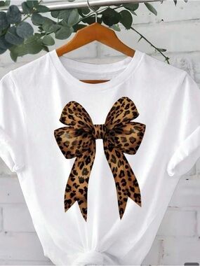 SHEIN White Tee with Leopard Bow Graphic